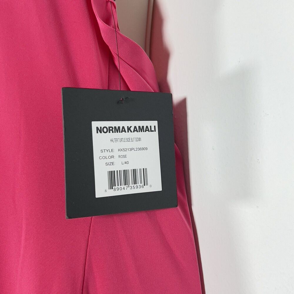 Norma Kamali Halter Turtleneck Side Slit Gown Maxi Dress Sz L Rose Pink Stretch - Picture 7 of 14